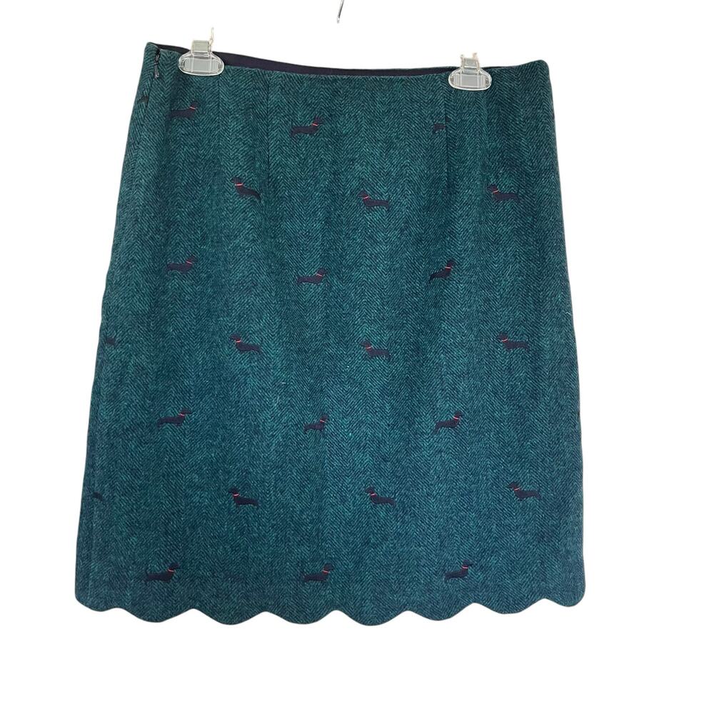 Talbots Teal Green Dachshund Dog Print Wool Blend Scalloped Pencil Skirt Size 6